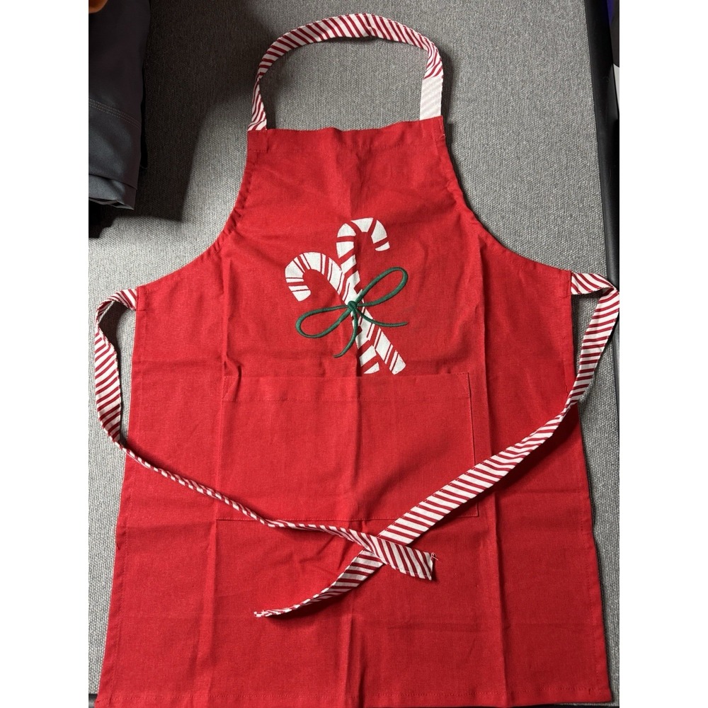 Christmas Apron Kids Red With Candy Canes Tie Waist And Attachment Around Neck